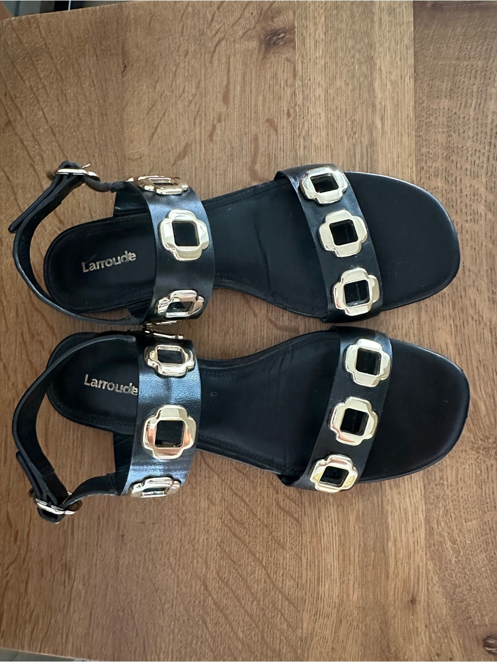 Larroude Milan Black Leather Sandal with Gold Accent, Size 8 - Picture 2 of 15